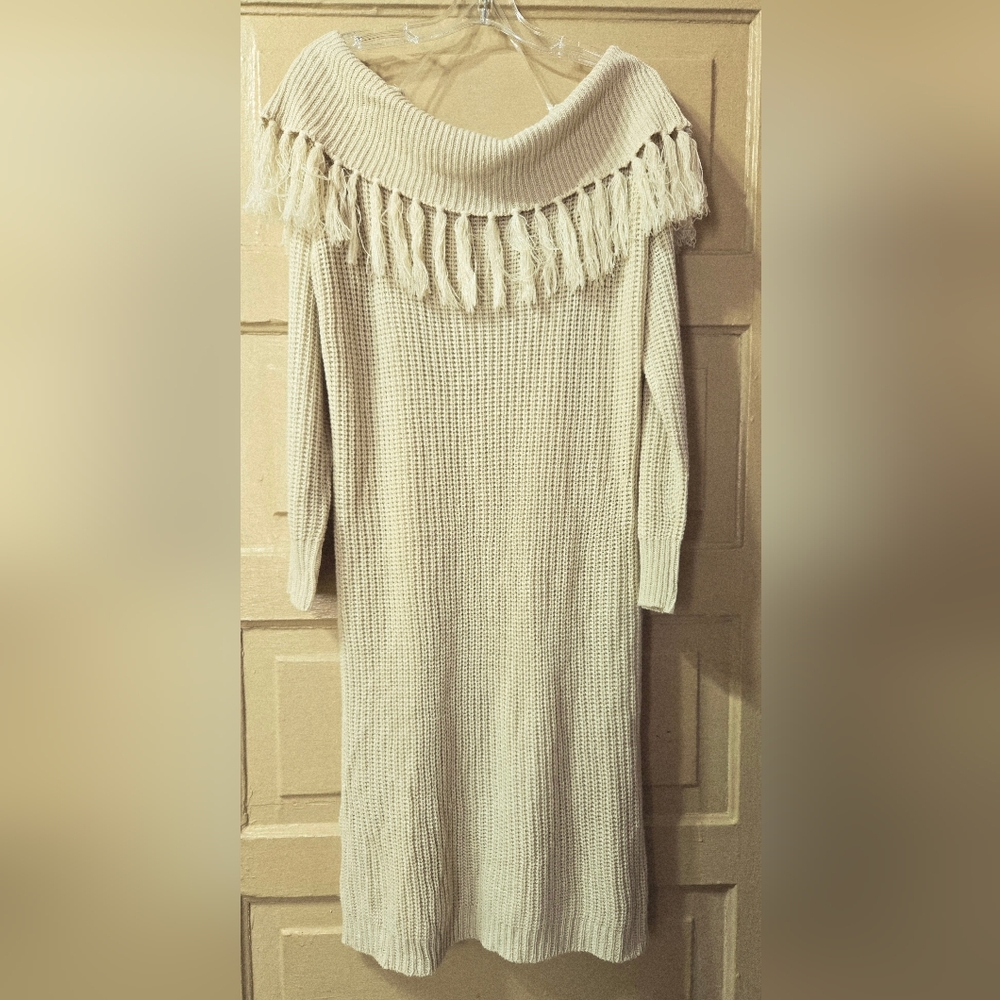 IKNIT Off The Shoulder Fringe Cream Sweater Dress GUC Size: 2X